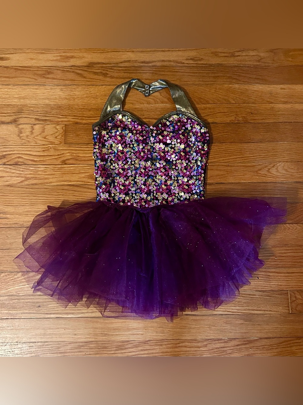 Weissman Dance Costume Purple Sequin Halter Body Suit + Glitter Tutu Girl’s 14